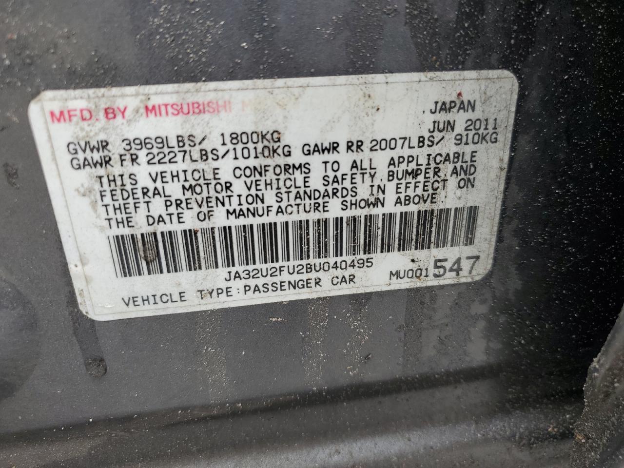 2011 Mitsubishi Lancer Es/Es Sport VIN: JA32U2FU2BU040495 Lot: 55200085