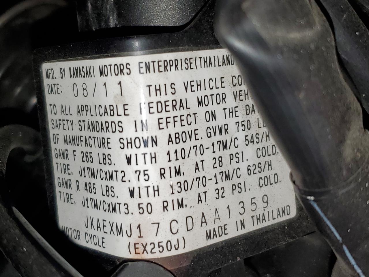 2012 Kawasaki Ex250 J VIN: JKAEXMJ17CDAA1359 Lot: 58262925