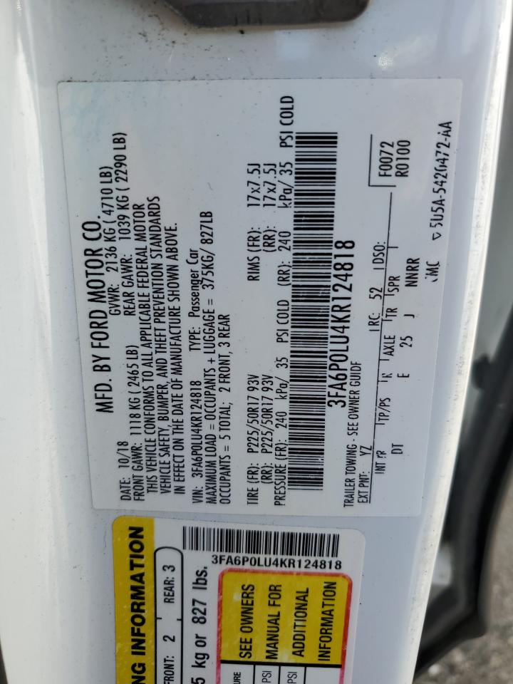 2019 Ford Fusion Se VIN: 3FA6P0LU4KR124818 Lot: 54027755