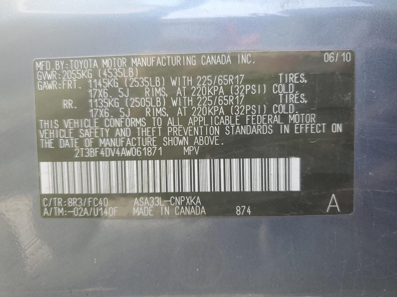 2010 Toyota Rav4 VIN: 2T3BF4DV4AW061871 Lot: 55796655