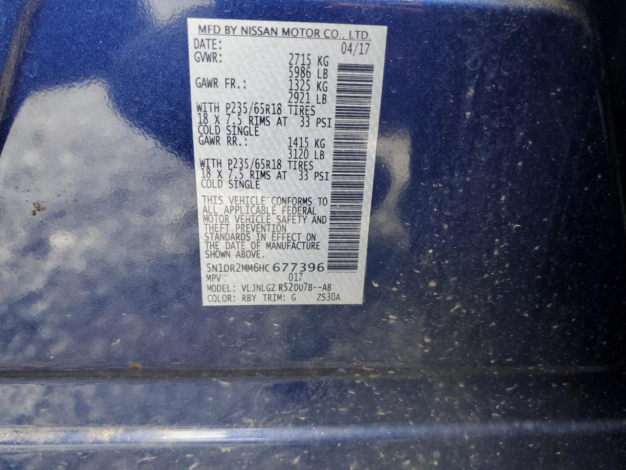 2017 Nissan Pathfinder S VIN: 5N1DR2MM6HC677396 Lot: 56929385