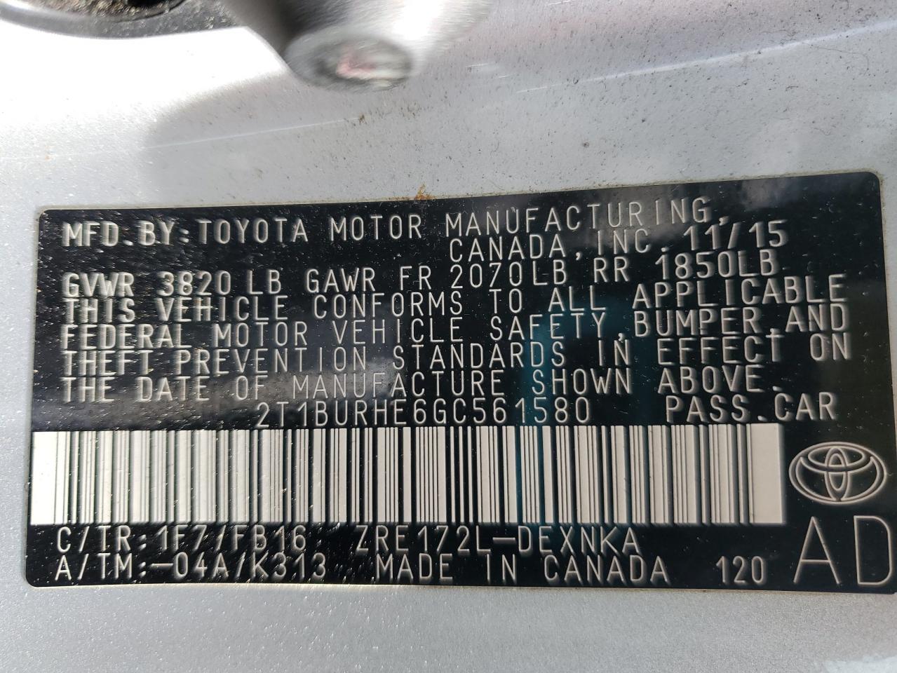 2016 Toyota Corolla L VIN: 2T1BURHE6GC561580 Lot: 58040425