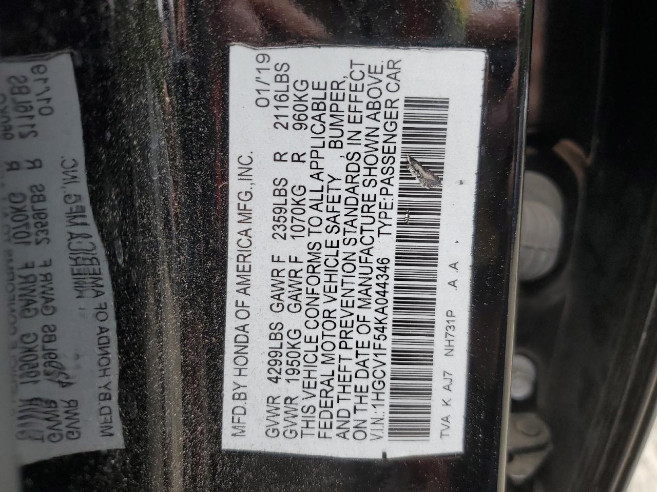 1HGCV1F54KA044346 HONDA ACCORD 2019