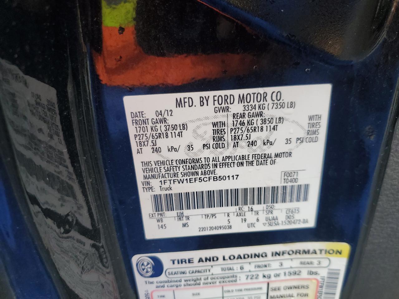 2012 Ford F150 Supercrew VIN: 1FTFW1EF5CFB50117 Lot: 57130415