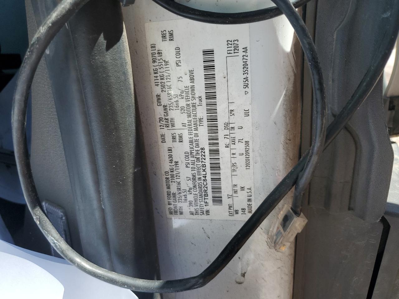 2020 Ford Transit T-250 VIN: 1FTBR2C84LKB72228 Lot: 57158505