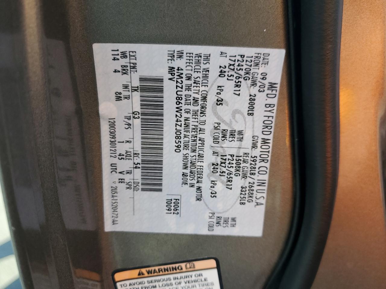 2004 Mercury Mountaineer VIN: 4M2ZU86W24ZJ08590 Lot: 56845865
