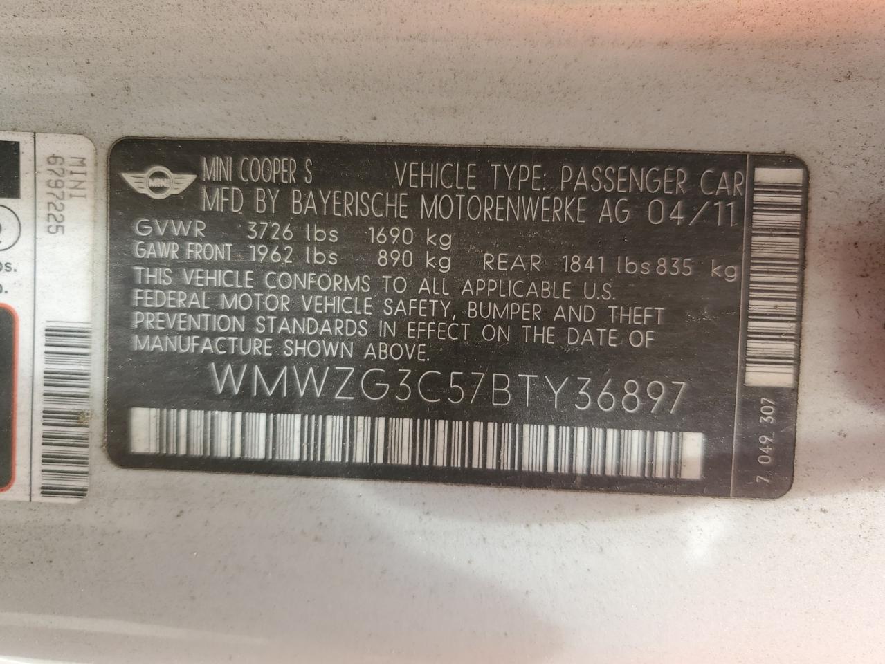 2011 Mini Cooper S Clubman VIN: WMWZG3C57BTY36897 Lot: 56803475