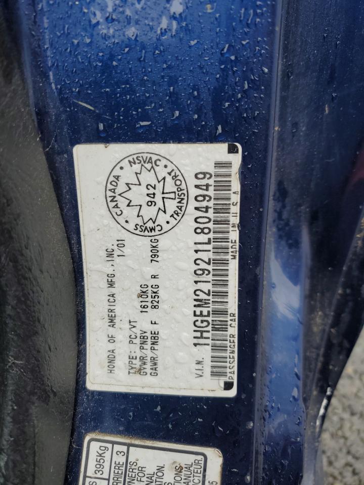 2001 Honda Civic Si VIN: 1HGEM21921L804949 Lot: 57226235