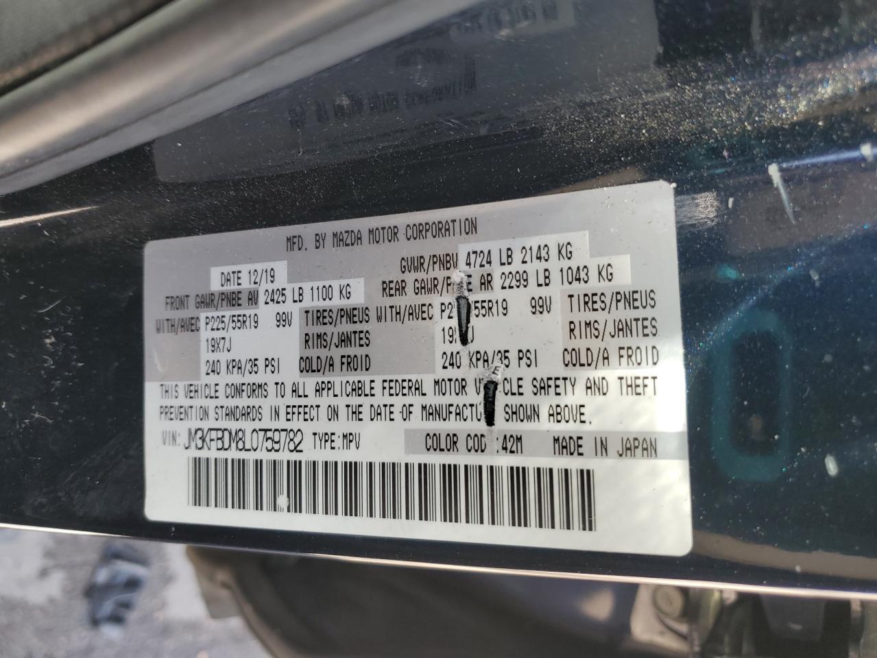 2020 Mazda Cx-5 Grand Touring VIN: JM3KFBDM8L0759782 Lot: 57104325