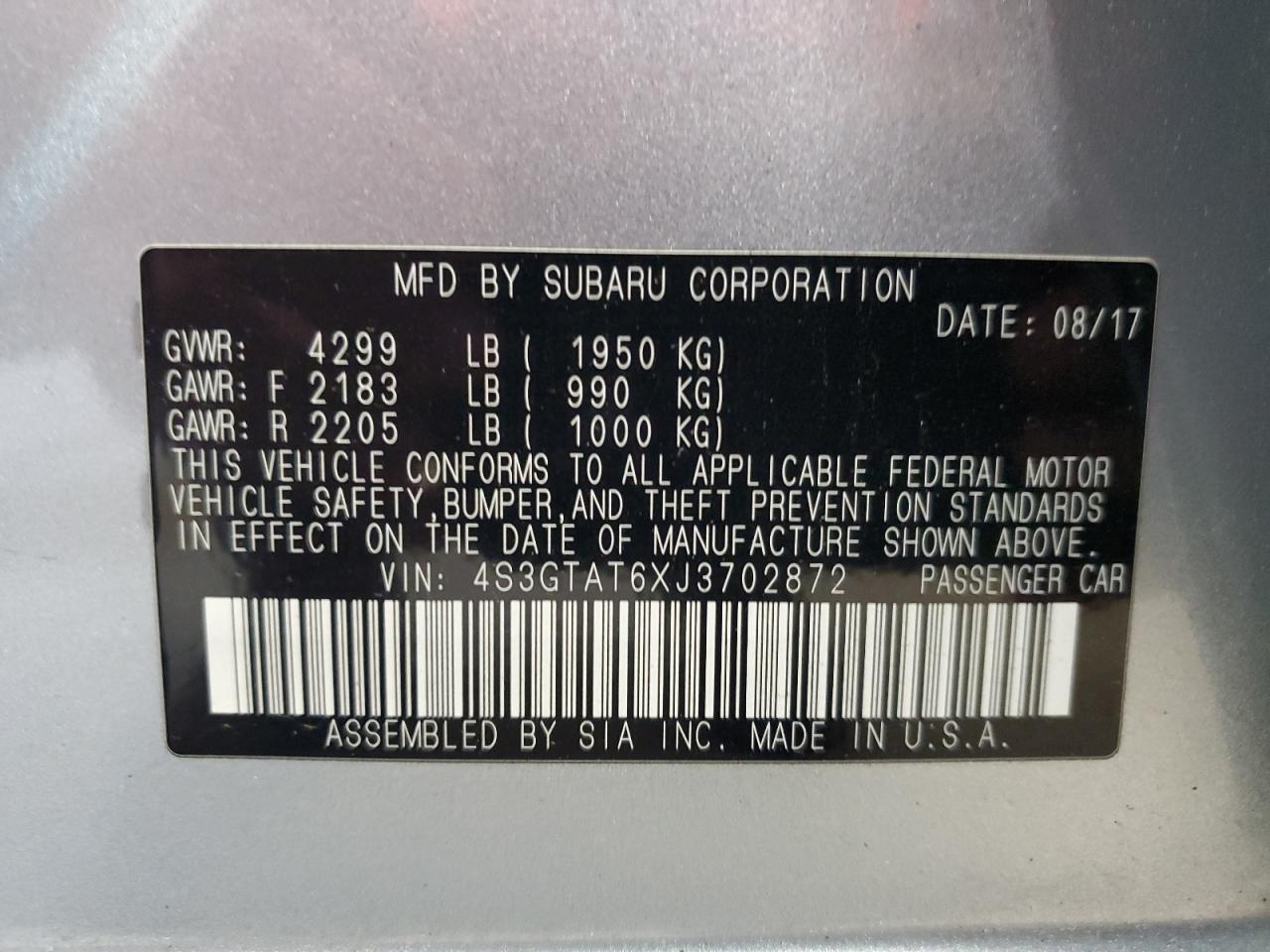 2018 Subaru Impreza Limited VIN: 4S3GTAT6XJ3702872 Lot: 56403325