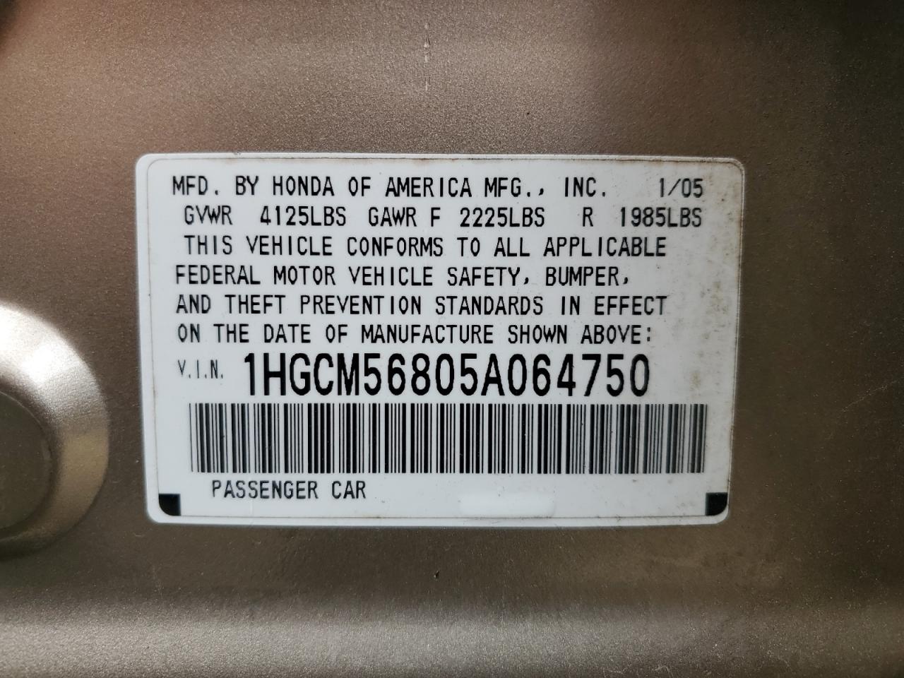 2005 Honda Accord Ex VIN: 1HGCM56805A064750 Lot: 56402985