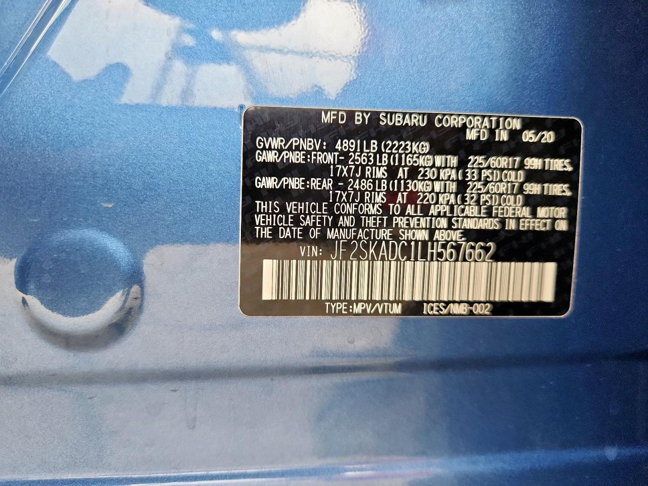 2020 Subaru Forester VIN: JF2SKADC1LH567662 Lot: 57351345