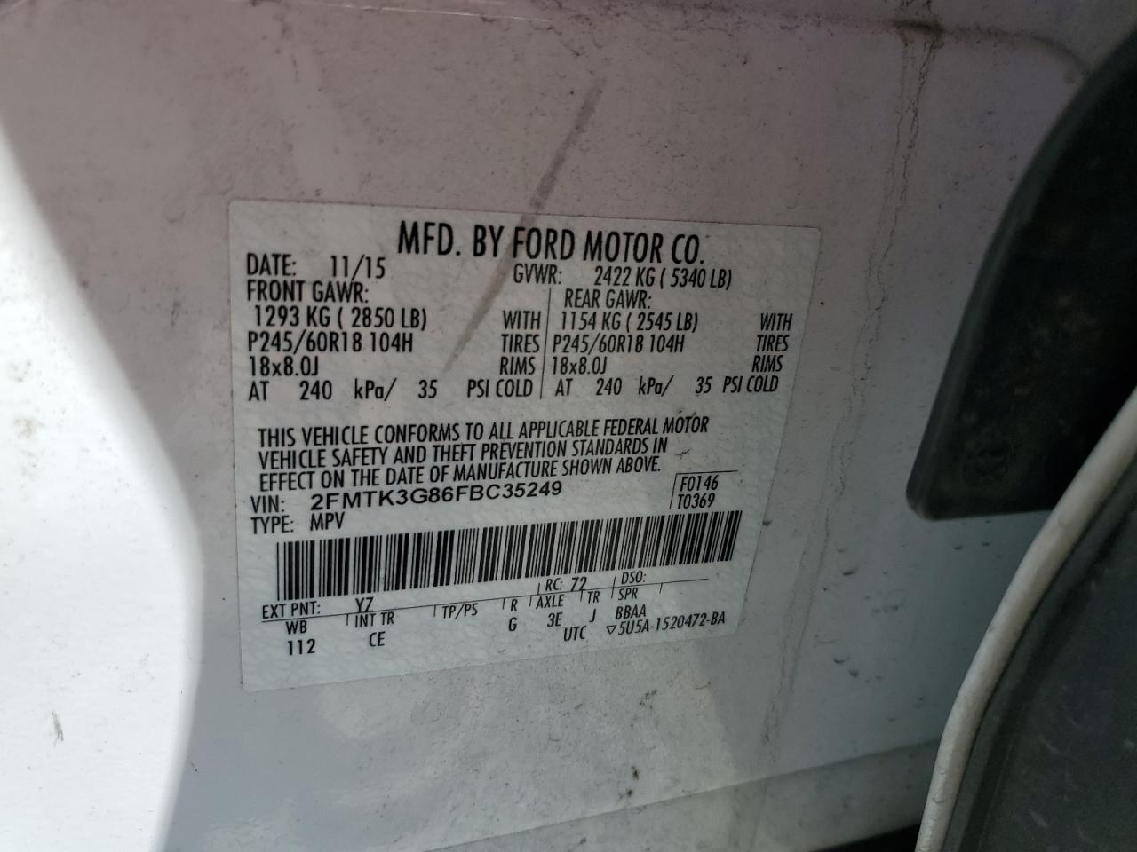 2015 Ford Edge Se VIN: 2FMTK3G86FBC35249 Lot: 56410795