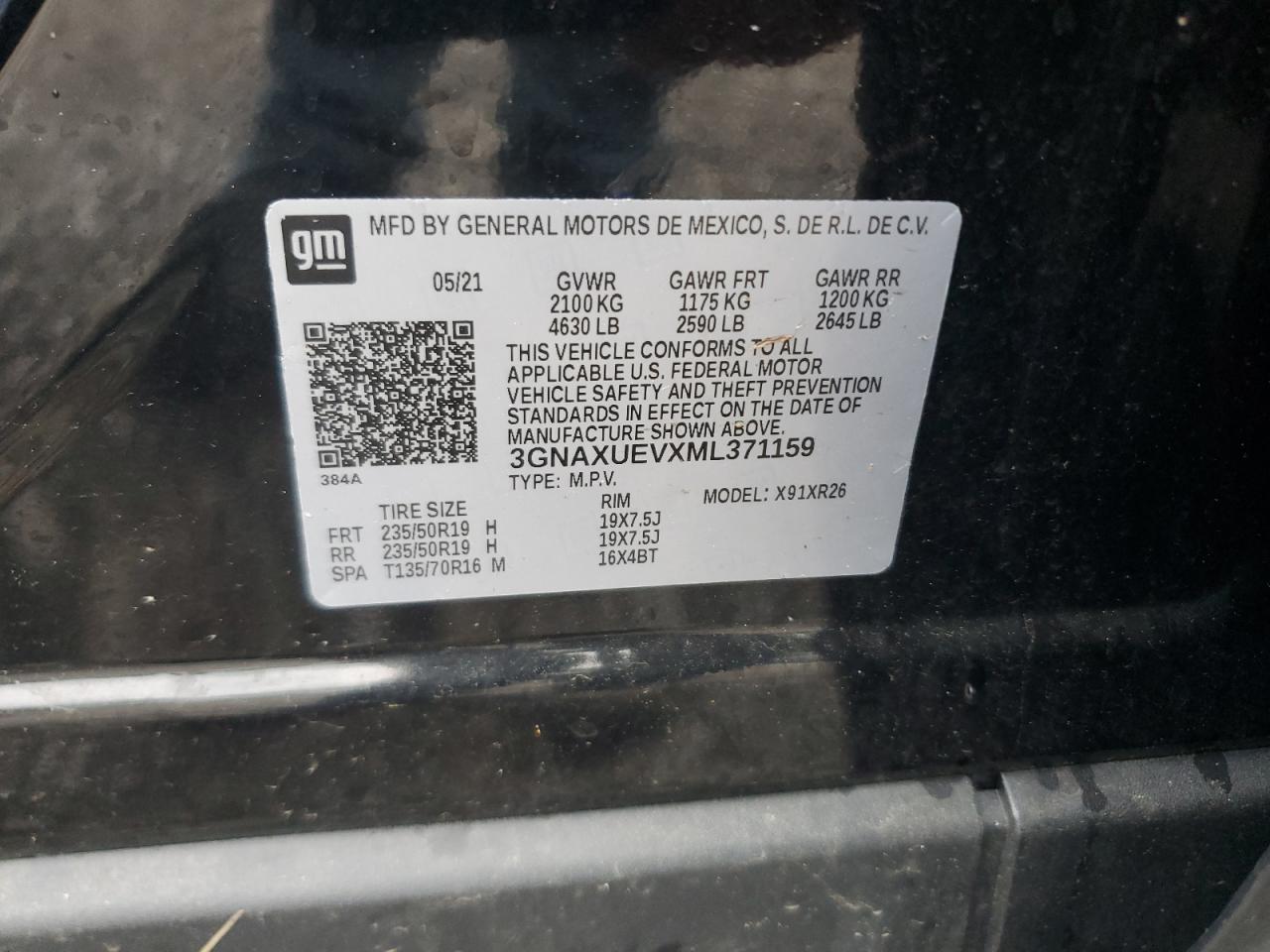 3GNAXUEVXML371159 CHEVROLET EQUINOX 2021