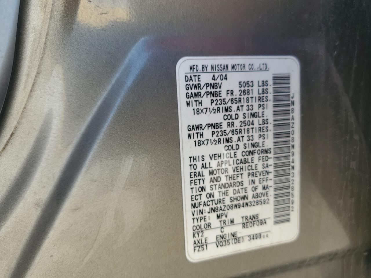 2004 Nissan Murano Sl VIN: JN8AZ08W94W328592 Lot: 56763755