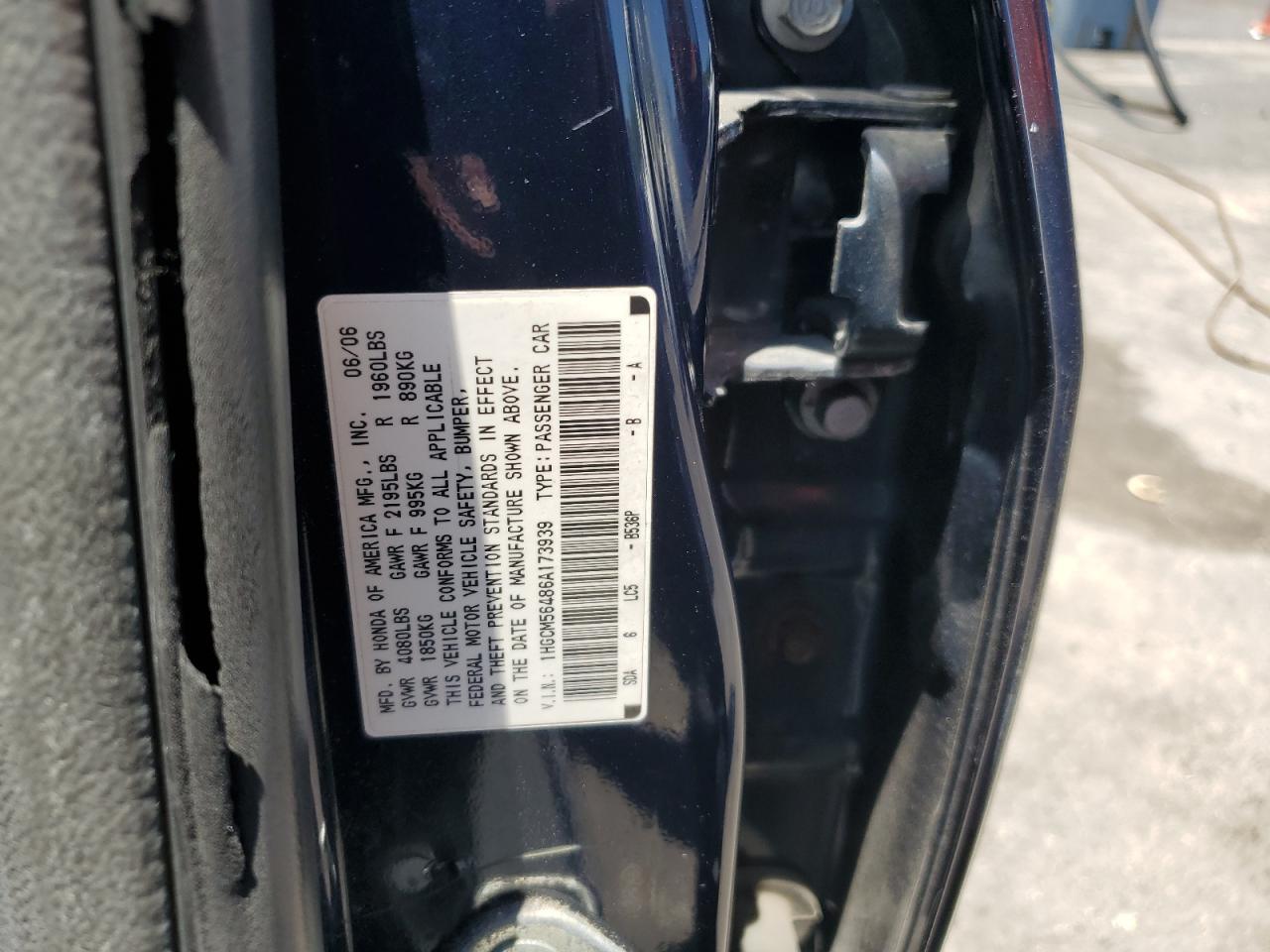 2006 Honda Accord Lx VIN: 1HGCM56486A173939 Lot: 56906705