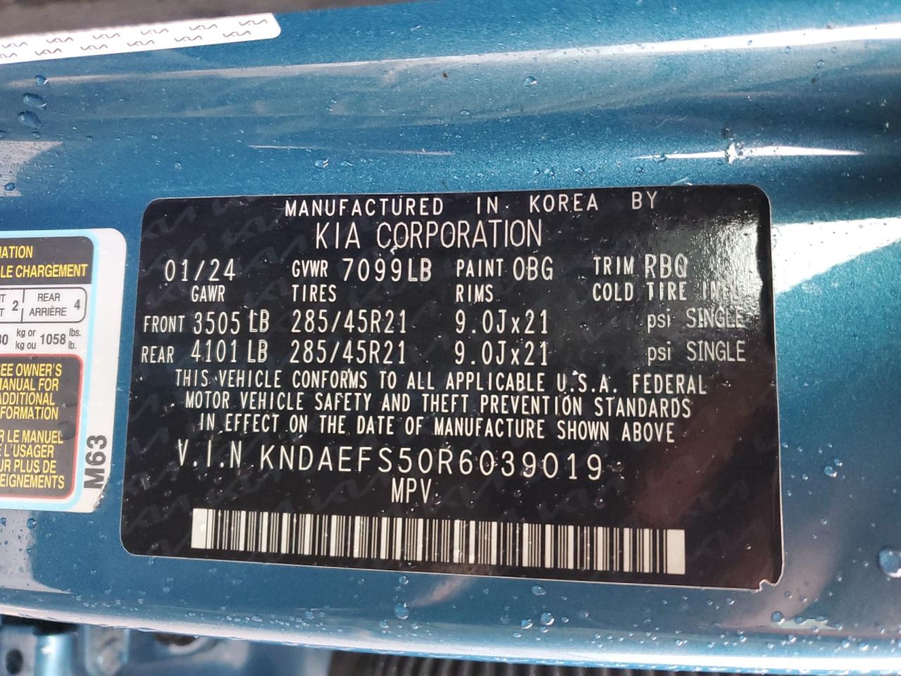 2024 Kia Ev9 Gt Line VIN: KNDAEFS50R6039019 Lot: 55976185