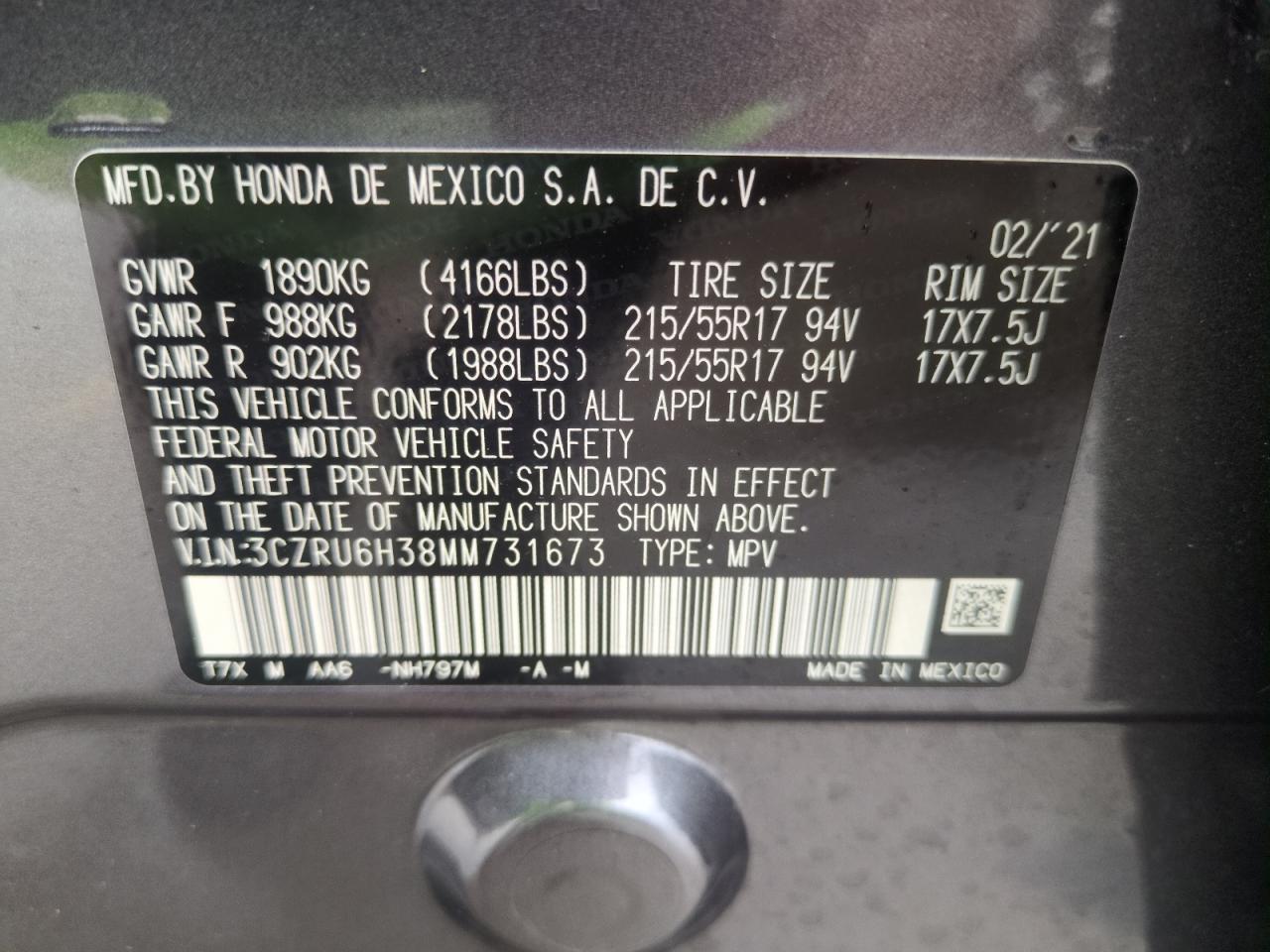 2021 Honda Hr-V Lx VIN: 3CZRU6H38MM731673 Lot: 55612045
