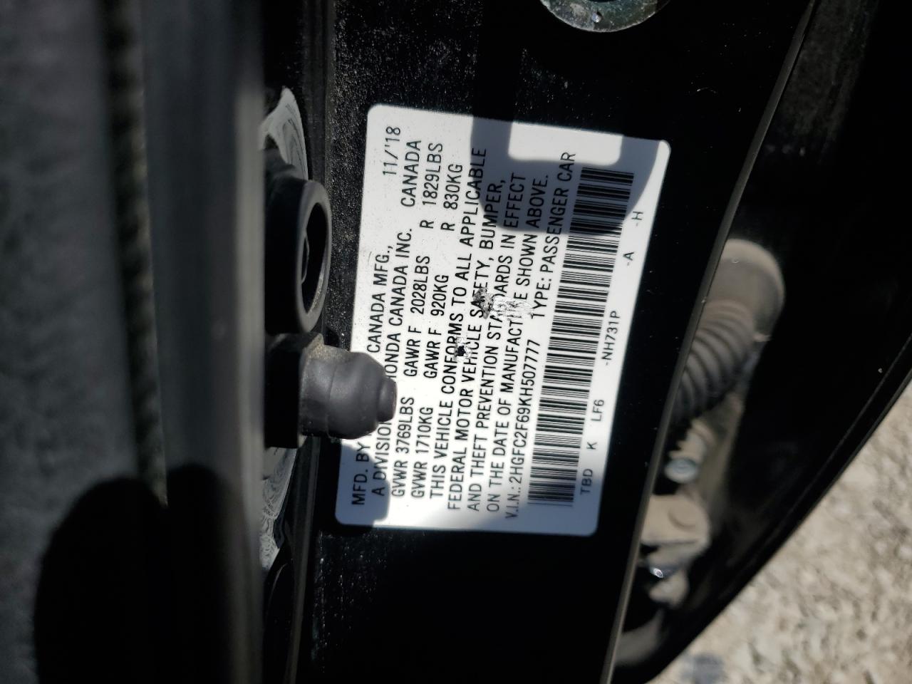 2HGFC2F69KH507777 HONDA CIVIC 2019