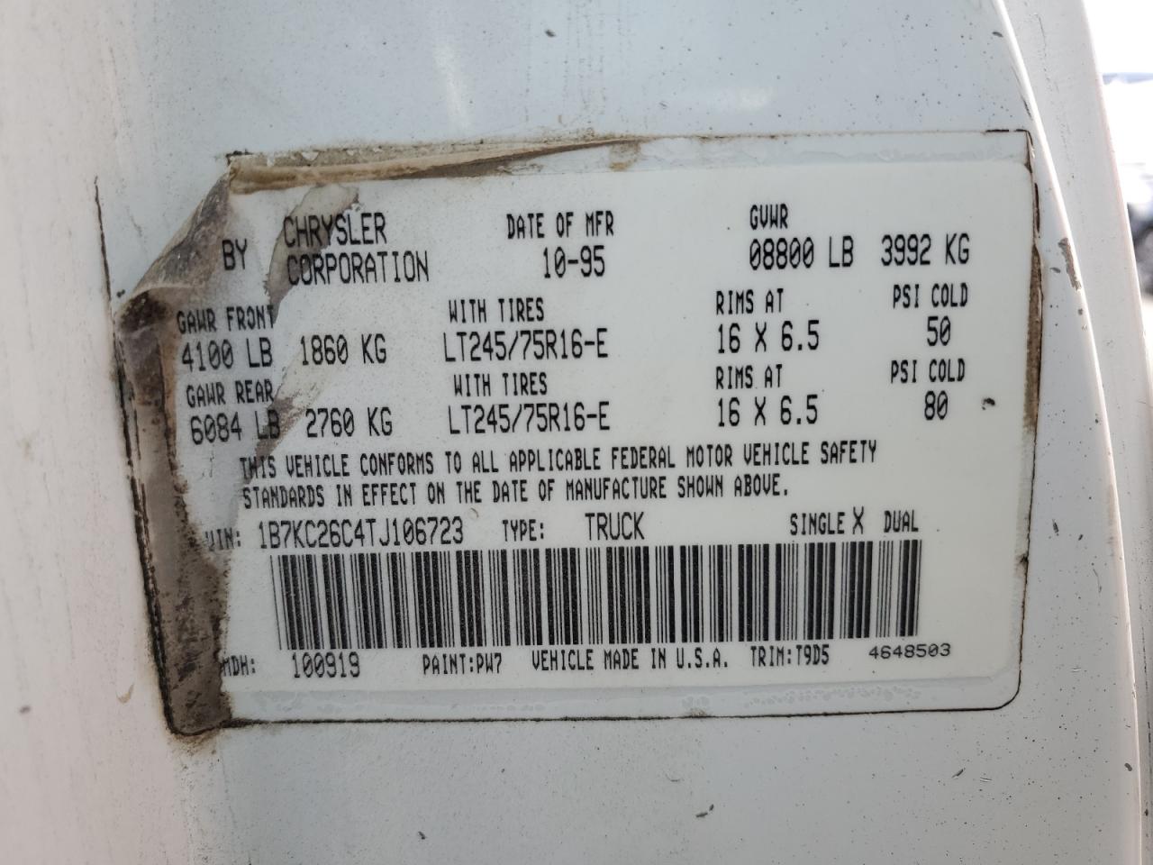 1996 Dodge Ram 2500 VIN: 1B7KC26C4TJ106723 Lot: 58239145