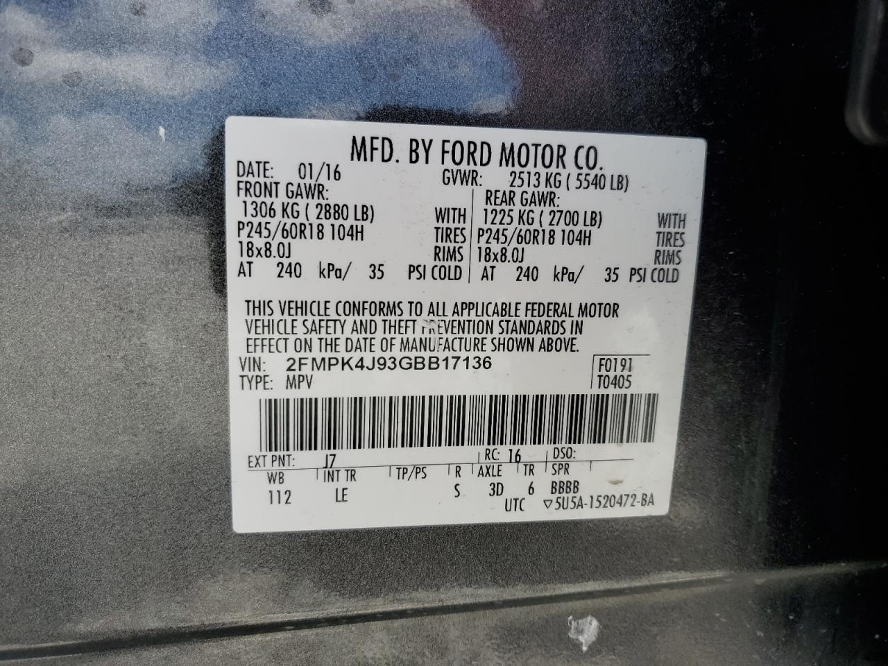 2016 Ford Edge Sel VIN: 2FMPK4J93GBB17136 Lot: 57167815