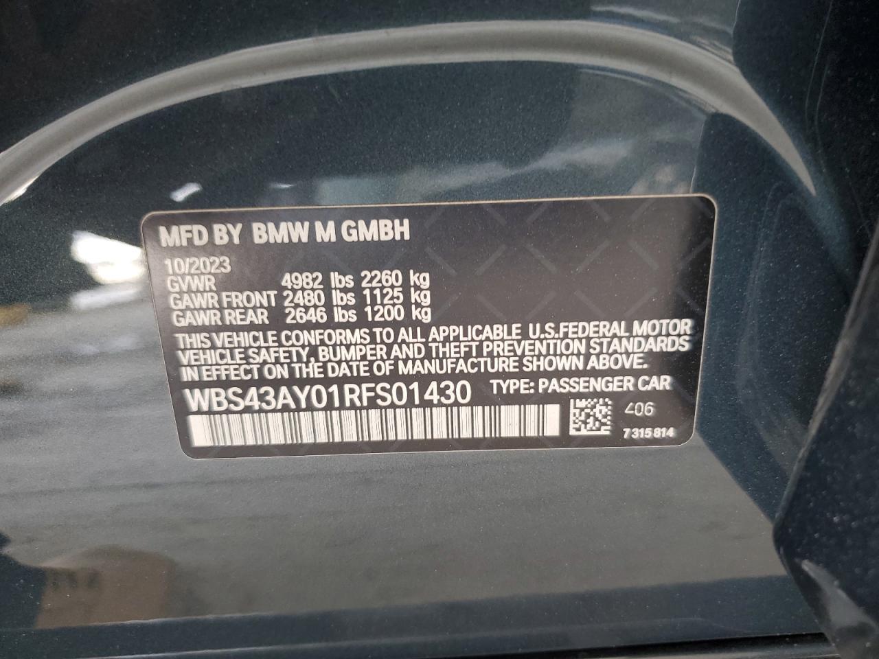 2024 BMW M3 Competition VIN: WBS43AY01RFS01430 Lot: 53973245