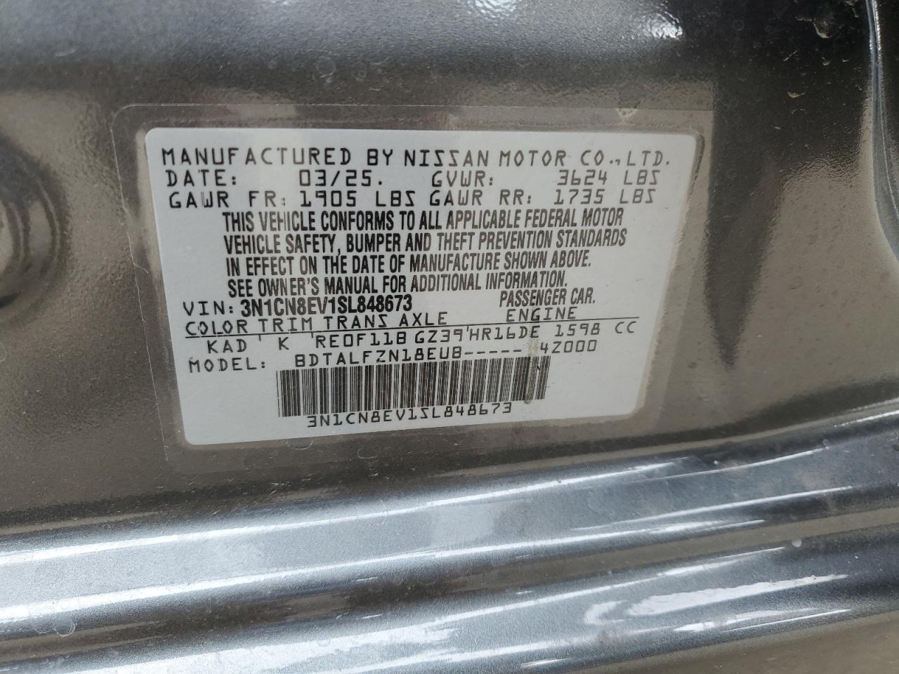 2025 Nissan Versa Sv VIN: 3N1CN8EV1SL848673 Lot: 55423915