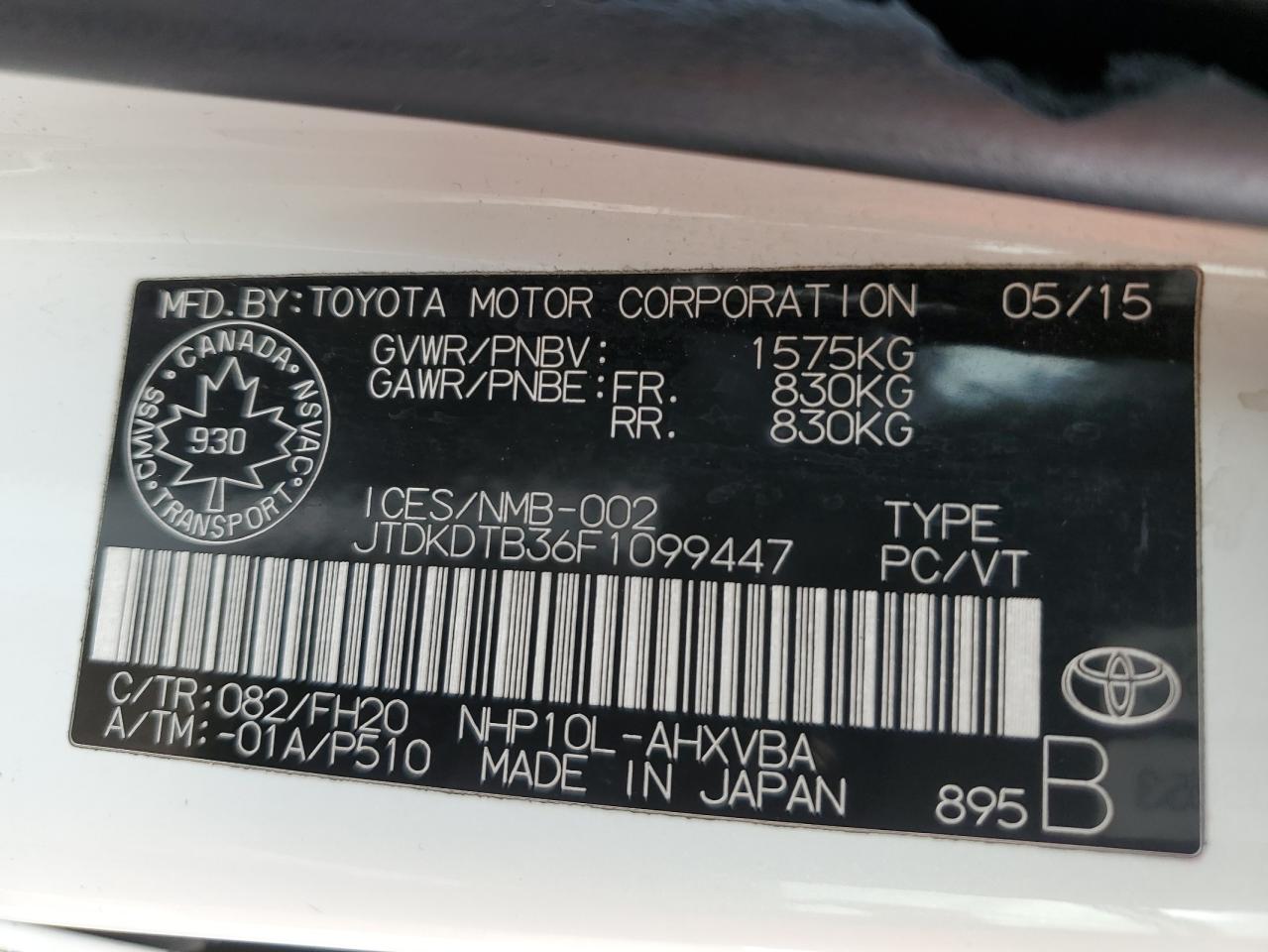 2015 Toyota Prius C VIN: JTDKDTB36F1099447 Lot: 57324915