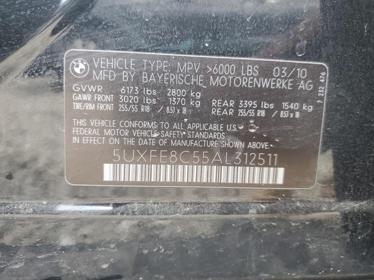 2010 BMW X5 xDrive48I VIN: 5UXFE8C55AL312511 Lot: 56763625