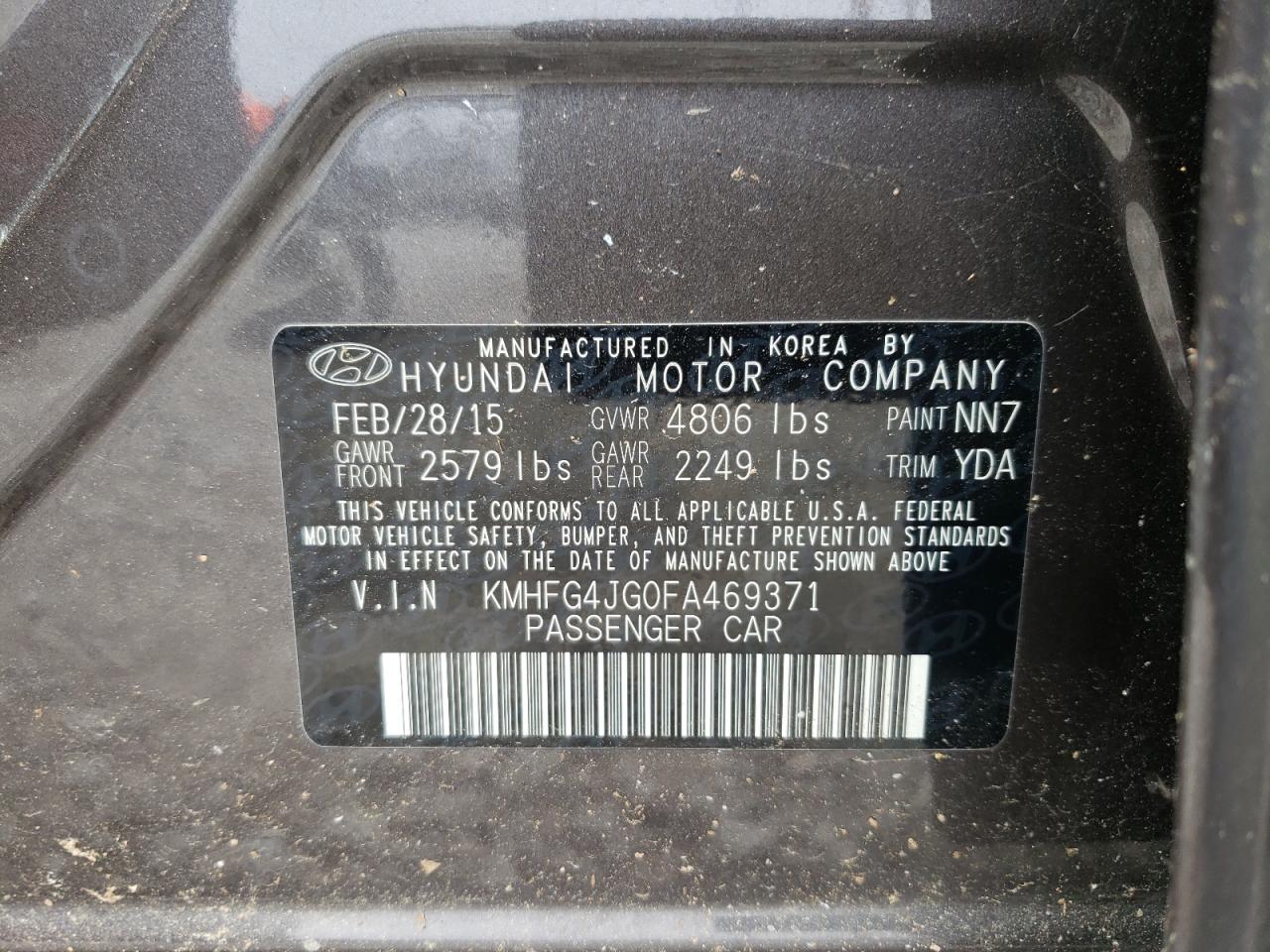 2015 Hyundai Azera VIN: KMHFG4JG0FA469371 Lot: 58445185