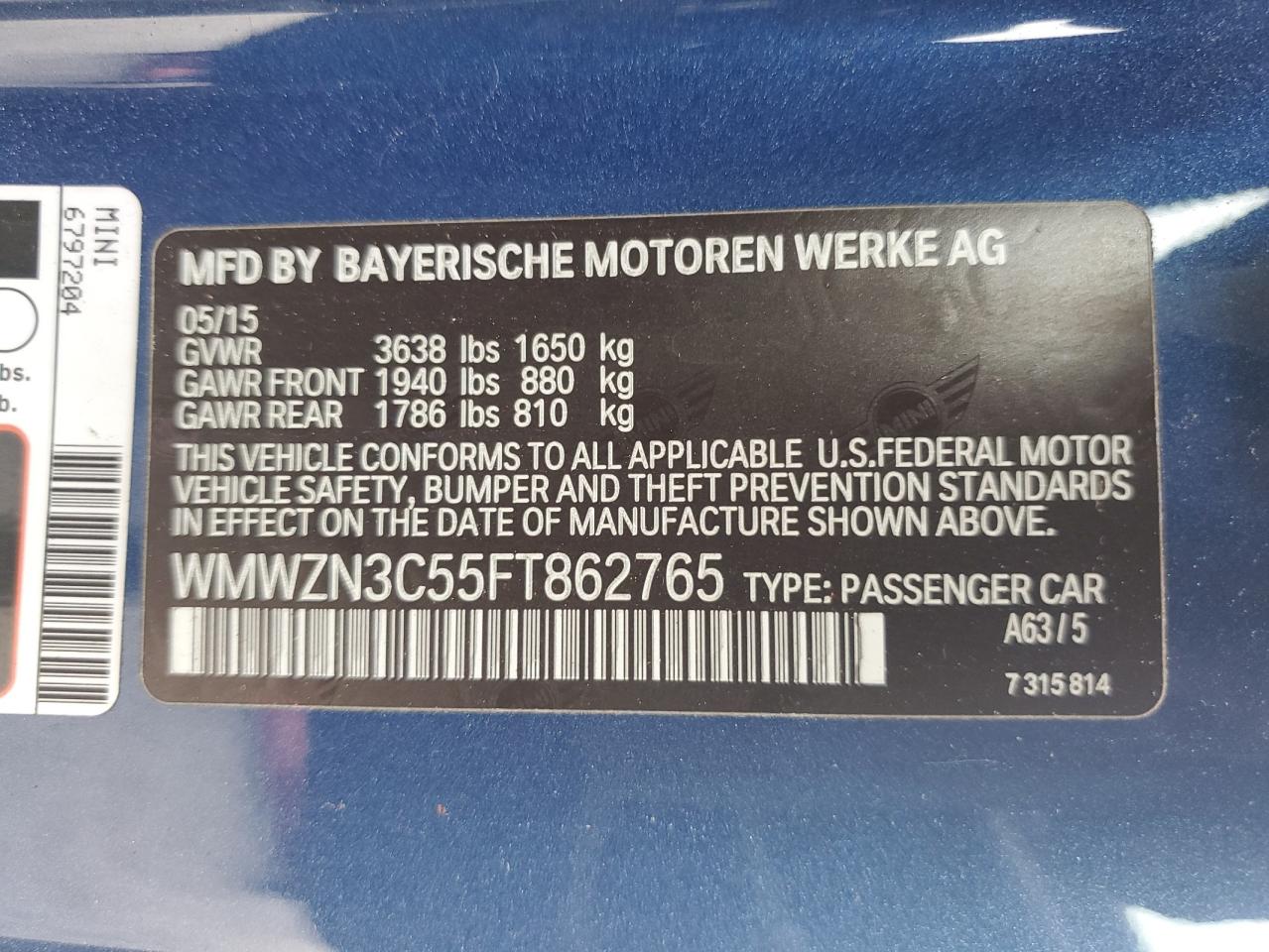 2015 Mini Cooper VIN: WMWZN3C55FT862765 Lot: 56057845
