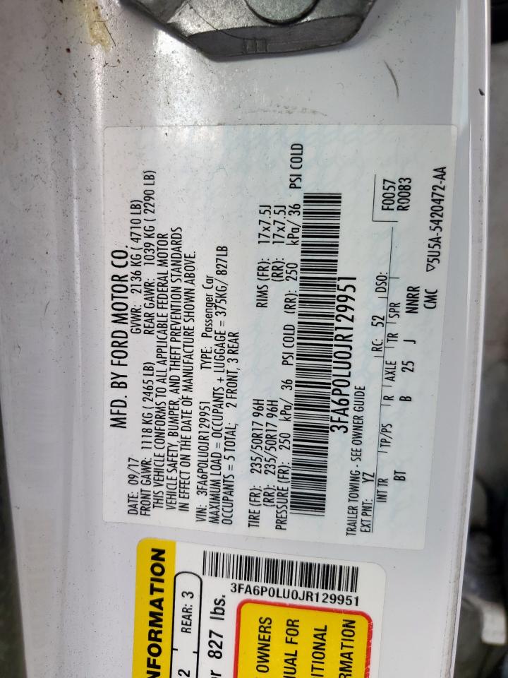 2018 Ford Fusion Se Hybrid VIN: 3FA6P0LU0JR129951 Lot: 54037915