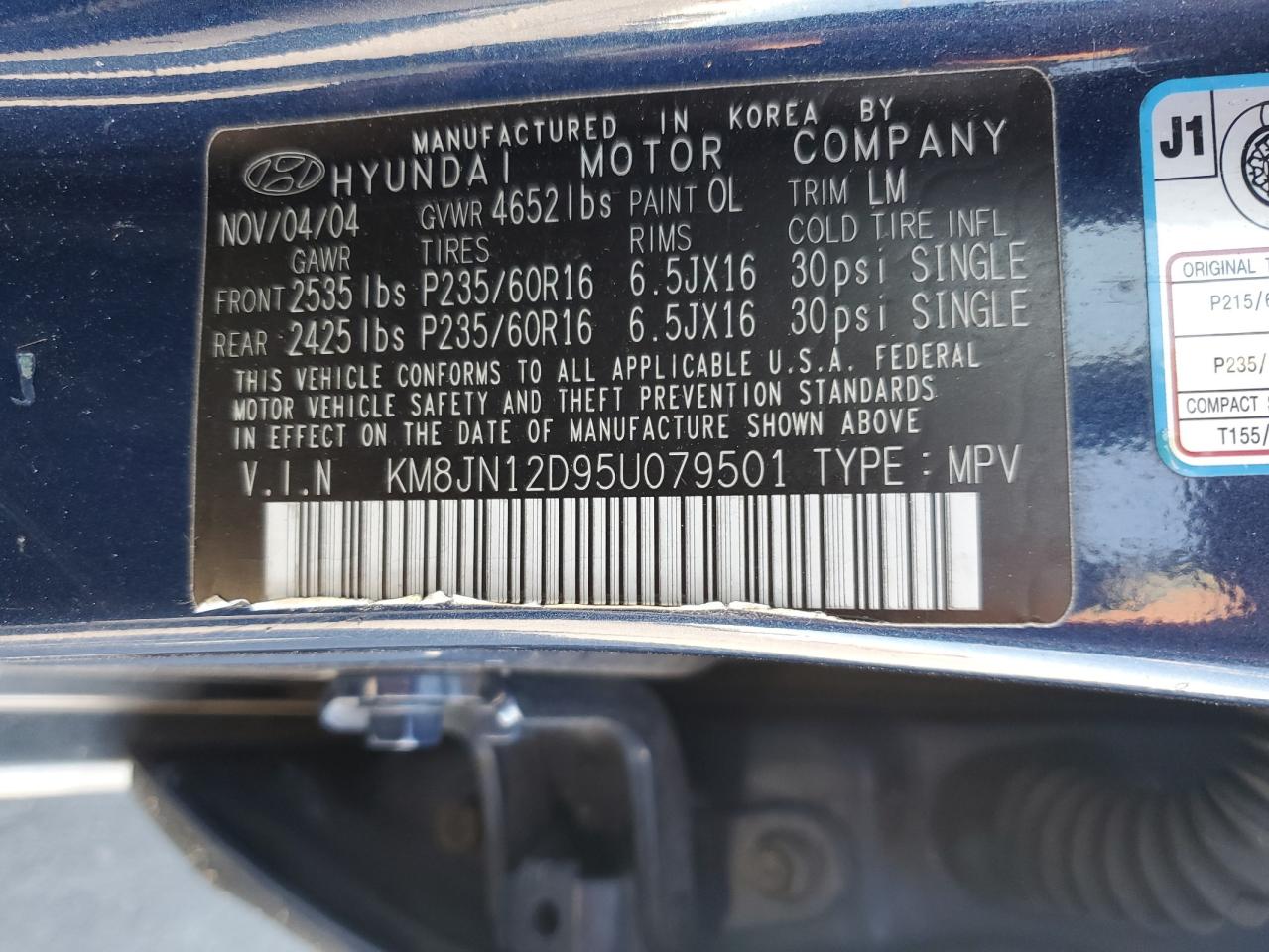 2005 Hyundai Tucson Gls VIN: KM8JN12D95U079501 Lot: 56849855