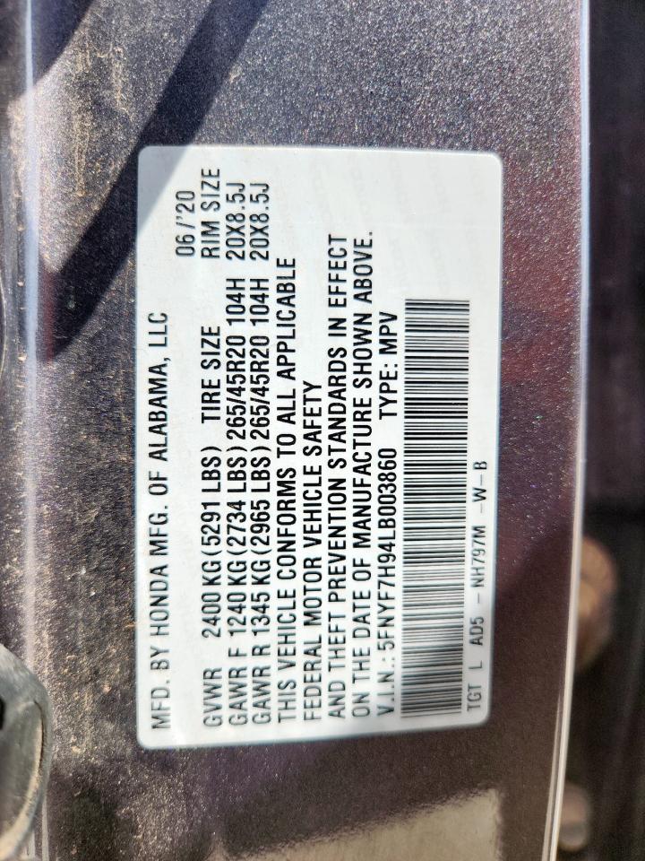 2020 Honda Passport Touring VIN: 5FNYF7H94LB003860 Lot: 58833295