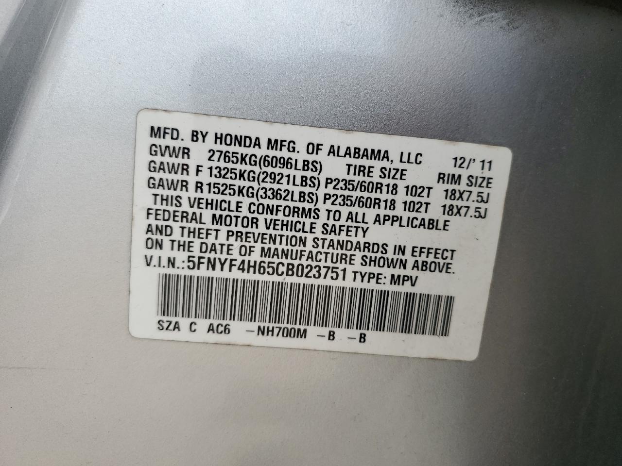 2012 Honda Pilot Exl VIN: 5FNYF4H65CB023751 Lot: 57258845
