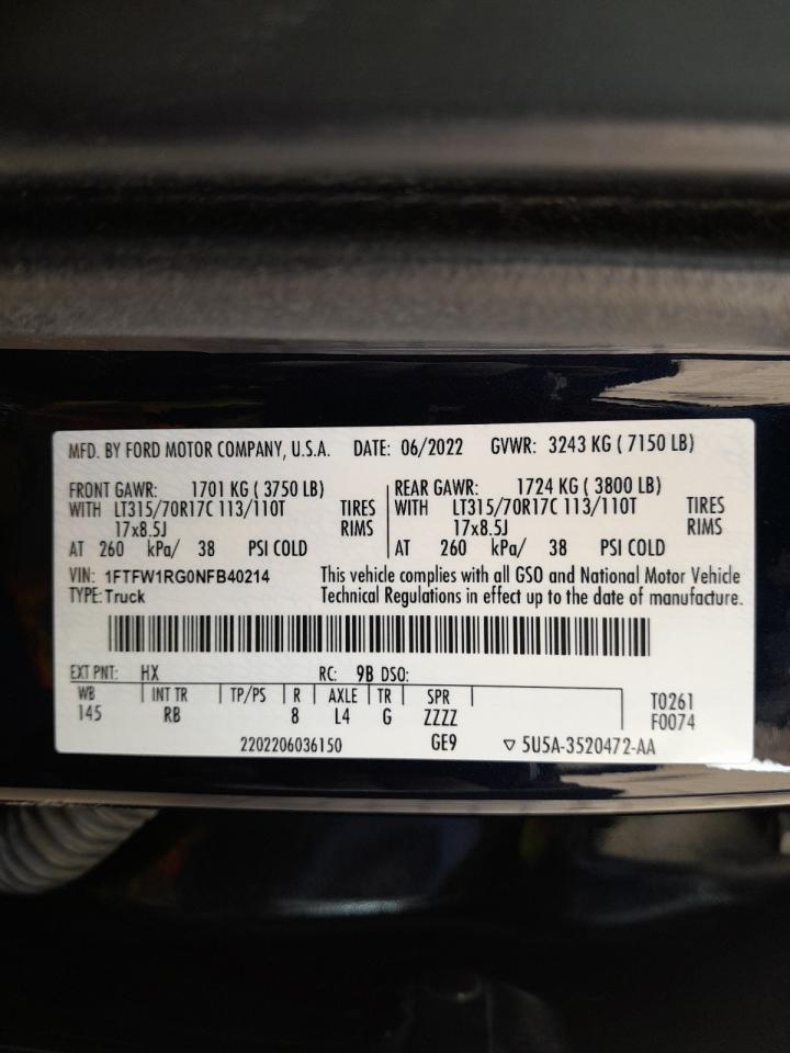 1FTFW1RG0NFB40214 - 2020 Ford F150 RAPTO - #58674315