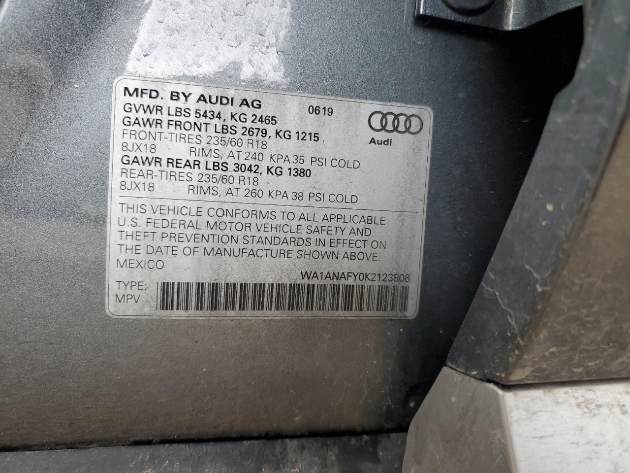 2019 Audi Q5 Premium VIN: WA1ANAFY0K2123808 Lot: 57593965