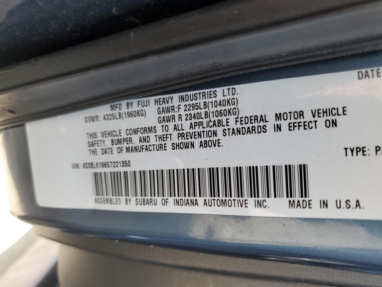 2005 Subaru Legacy 2.5I VIN: 4S3BL616657221350 Lot: 59156725