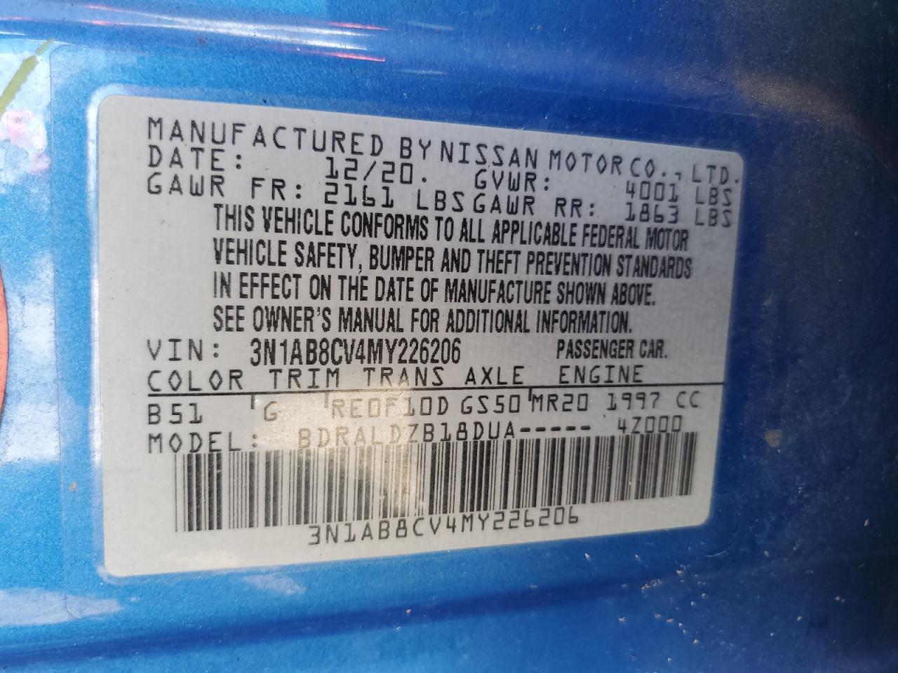 3N1AB8CV4MY226206 NISSAN SENTRA 2021