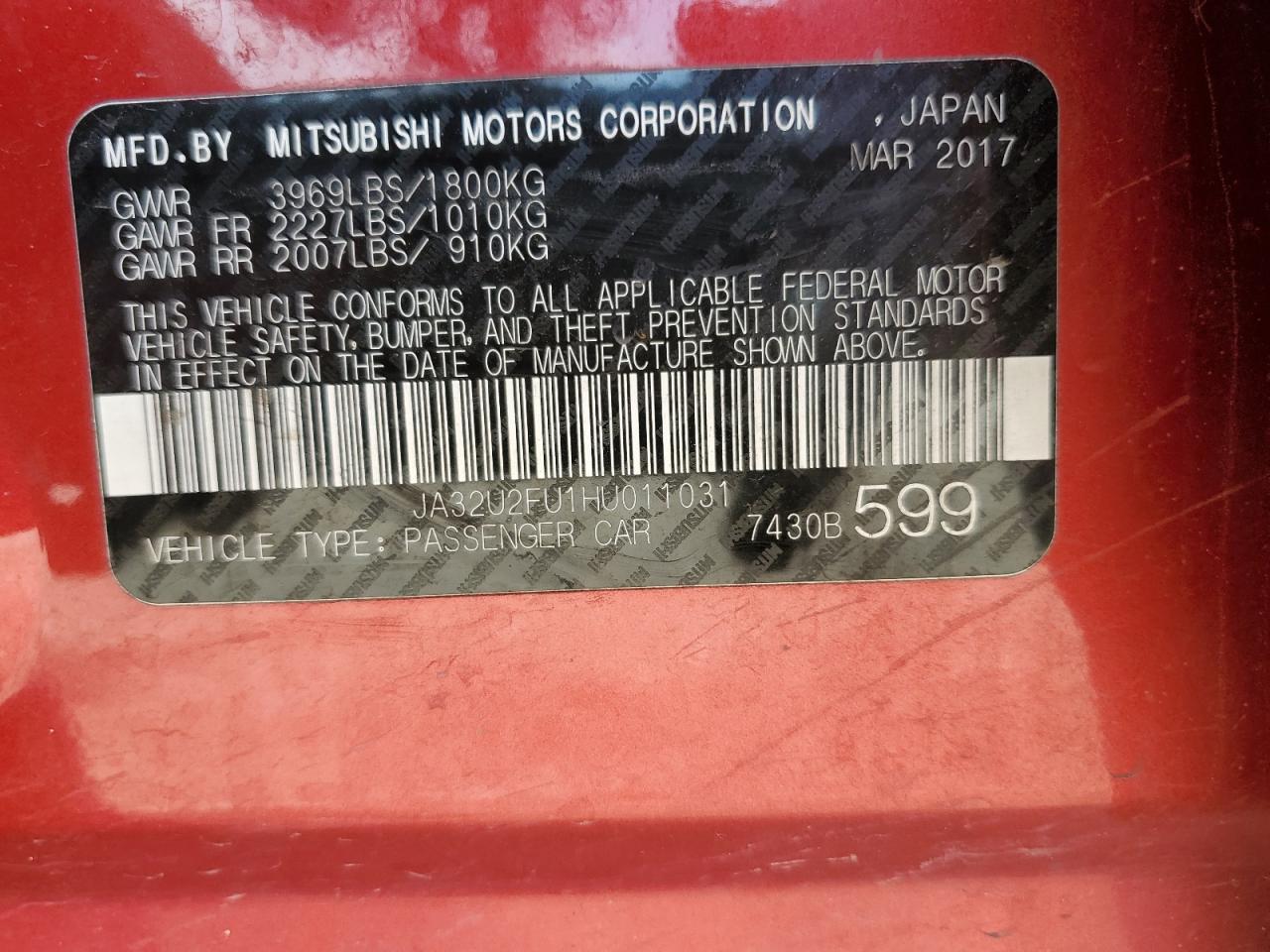2017 Mitsubishi Lancer Es VIN: JA32U2FU1HU011031 Lot: 55929005