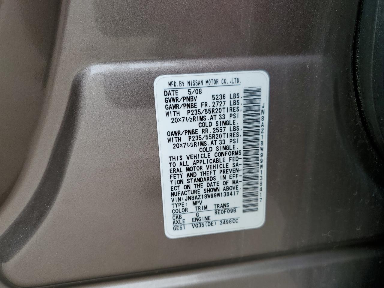 2009 Nissan Murano S VIN: JN8AZ18W99W138417 Lot: 56989485