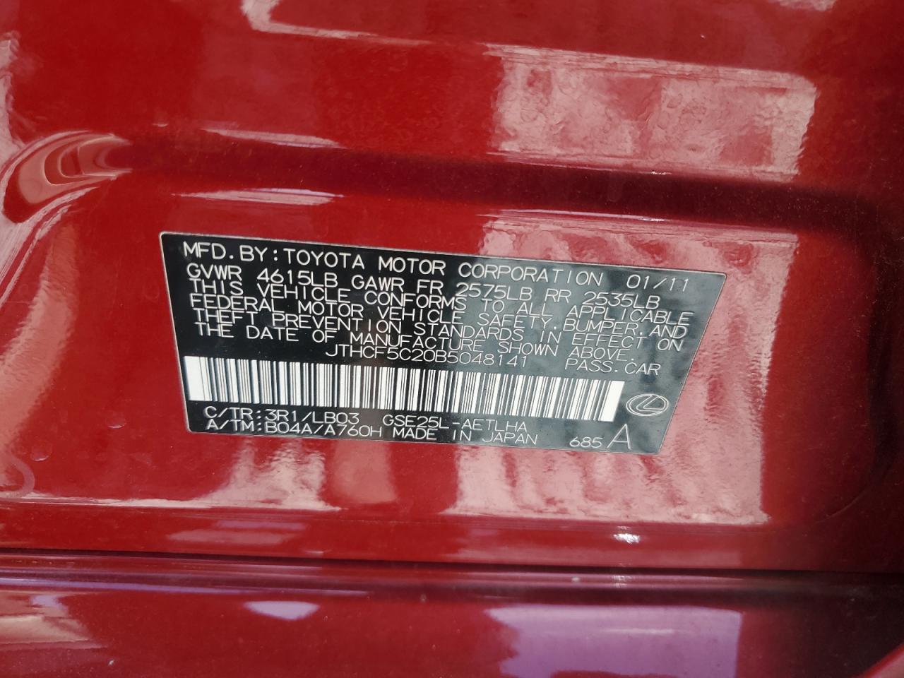 2011 Lexus Is 250 VIN: JTHCF5C20B5048141 Lot: 56242515