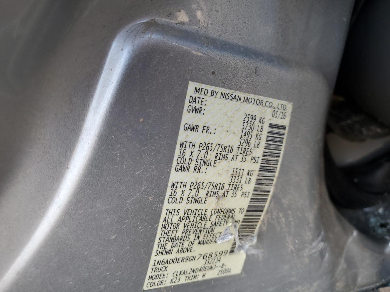 2016 Nissan Frontier S VIN: 1N6AD0ER9GN768599 Lot: 58586755