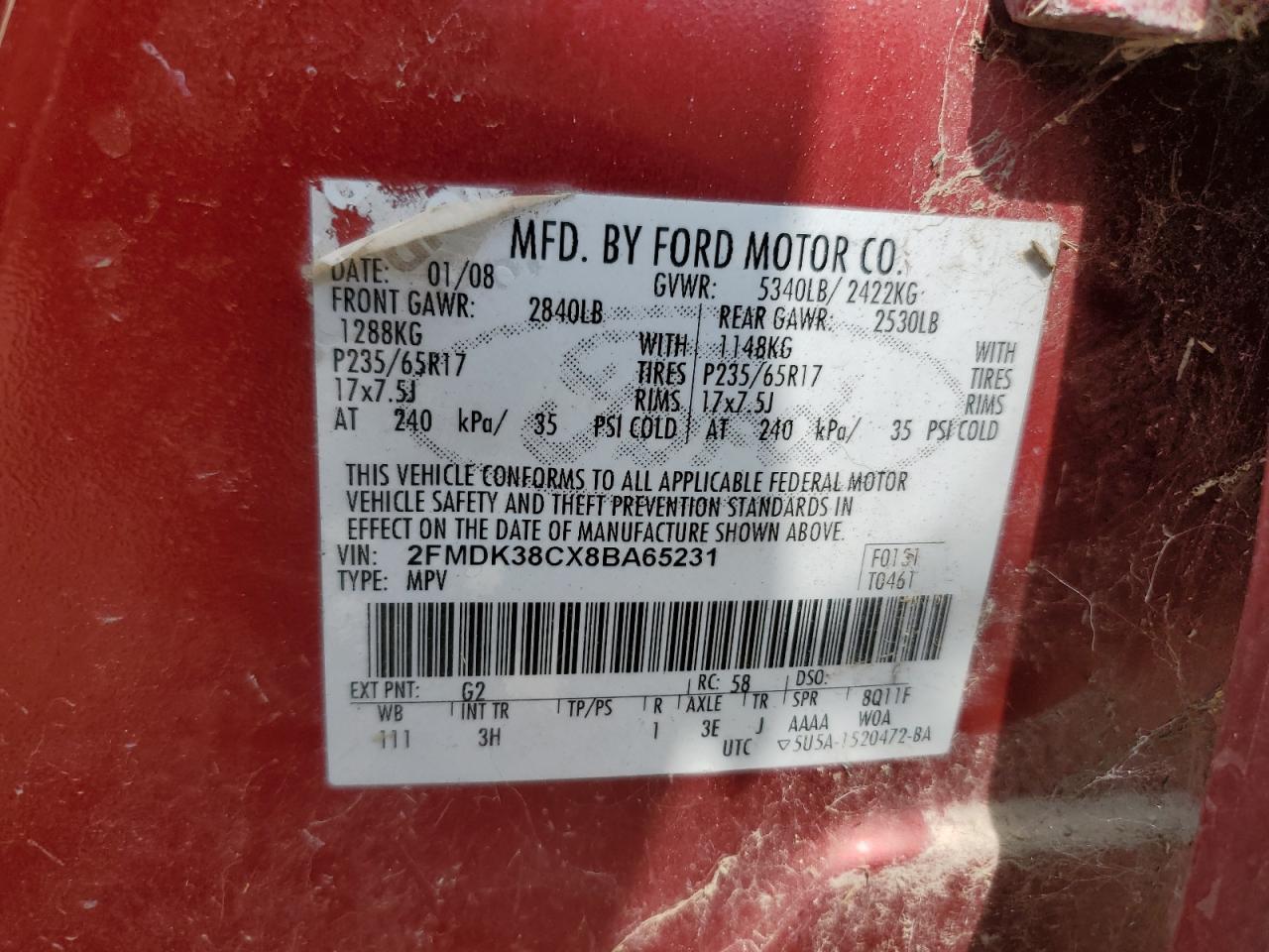 2008 Ford Edge Sel VIN: 2FMDK38CX8BA65231 Lot: 56114385