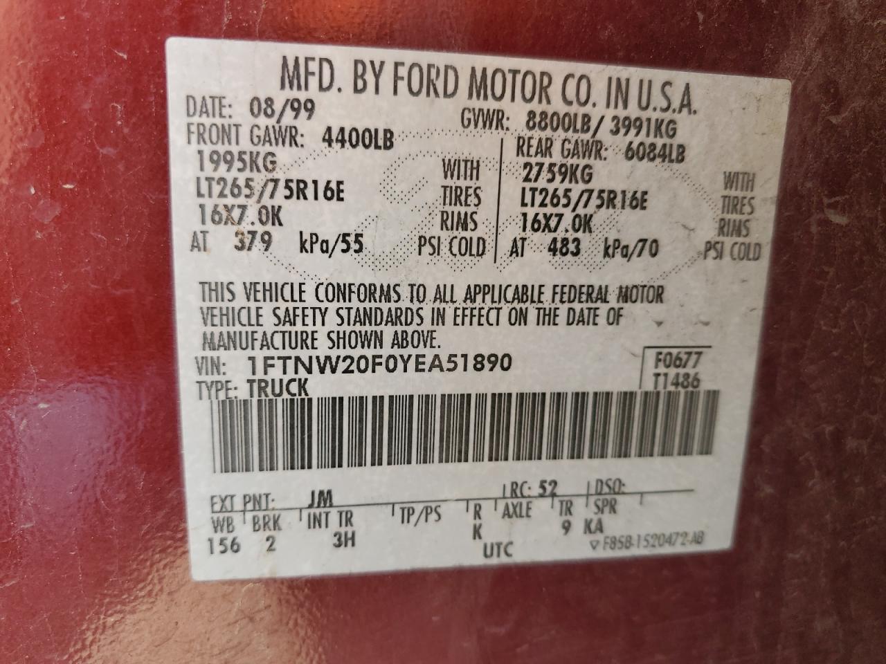 2000 Ford F250 Super Duty VIN: 1FTNW20F0YEA51890 Lot: 56381515
