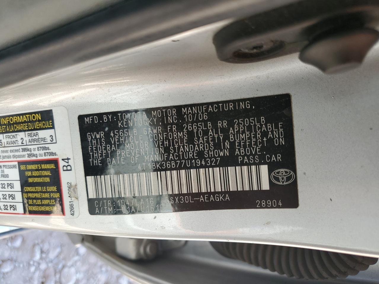 2007 Toyota Avalon Xl VIN: 4T1BK36B77U194327 Lot: 57345135