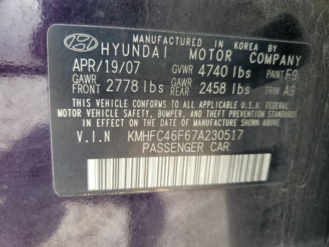 2007 Hyundai Azera Se VIN: KMHFC46F67A230517 Lot: 57025325