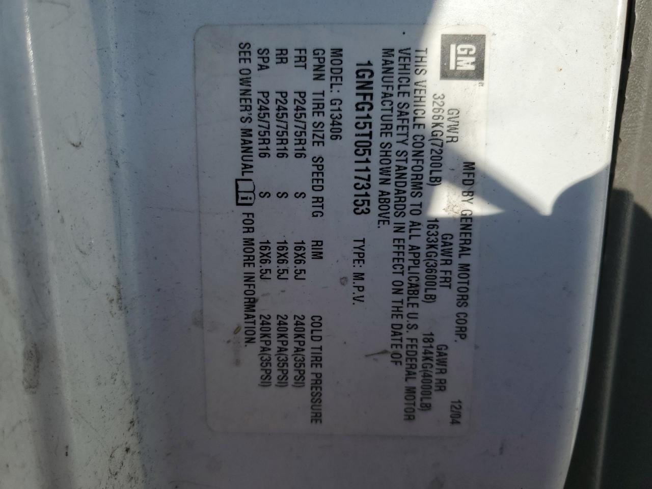 2005 Chevrolet Express G1500 VIN: 1GNFG15T051173153 Lot: 55385315