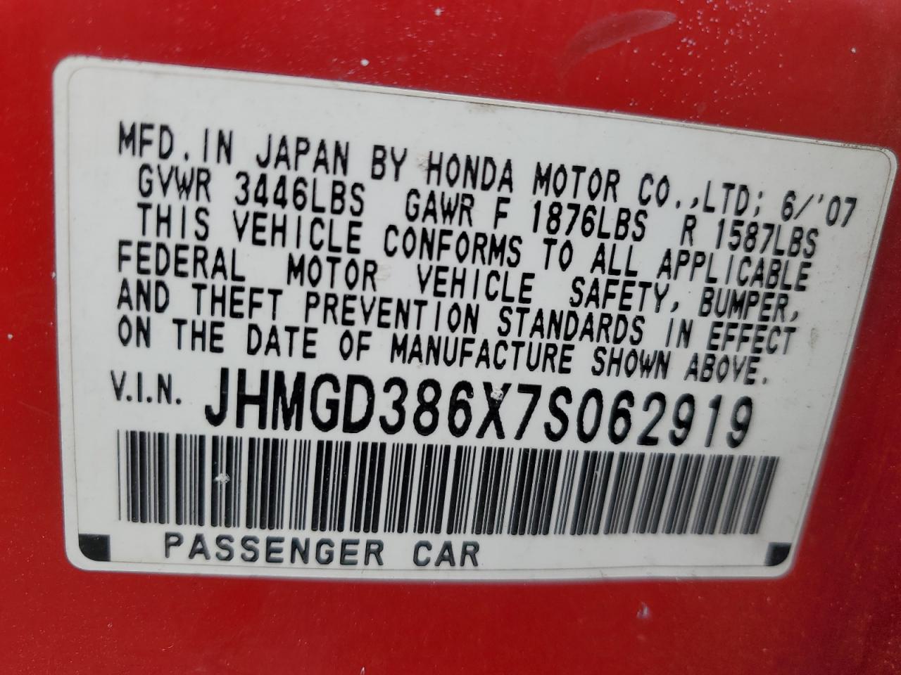 2007 Honda Fit S VIN: JHMGD386X7S062919 Lot: 57659495