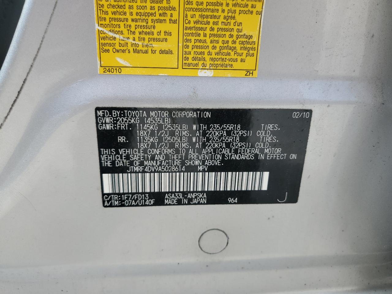 2010 Toyota Rav4 Sport VIN: JTMRF4DV9A5028614 Lot: 56833965